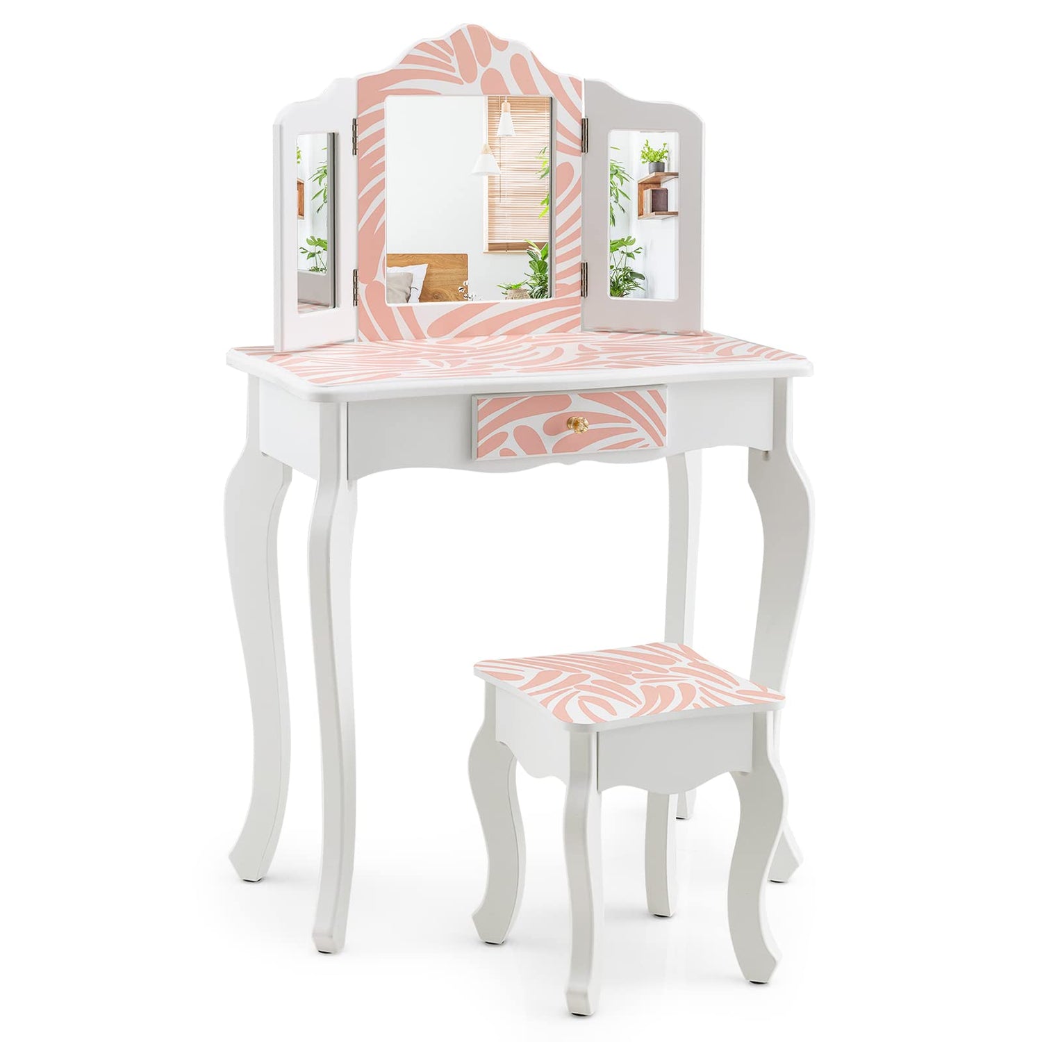 GYMAX Kids Vanity Table and Stool Set