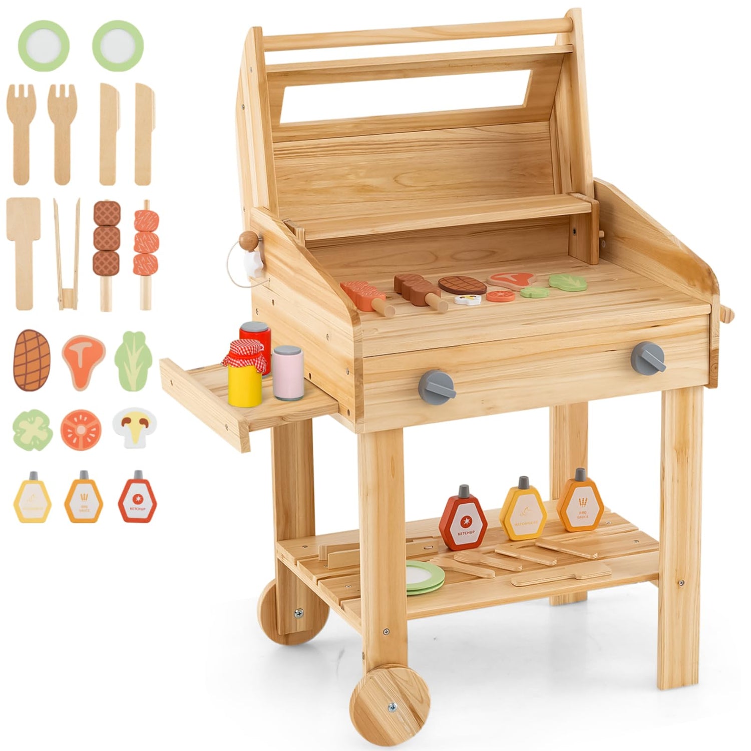 GYMAX Kids Barbecue Playset, Wooden BBQ Grill Toy Set with Wheels