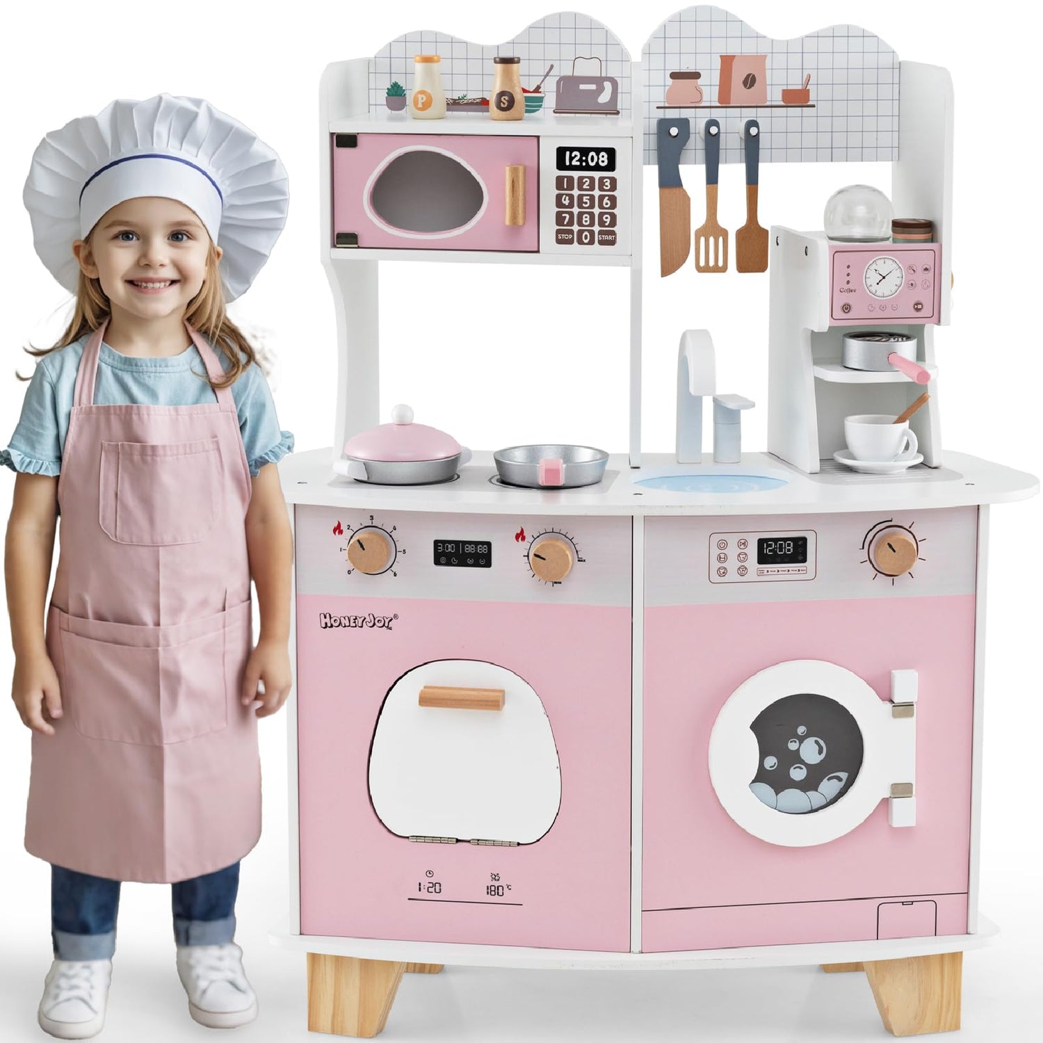 GYMAX Kids Play Kitchen, Wooden Toy Kitchen with Stoves, Microwave, Washing Machine