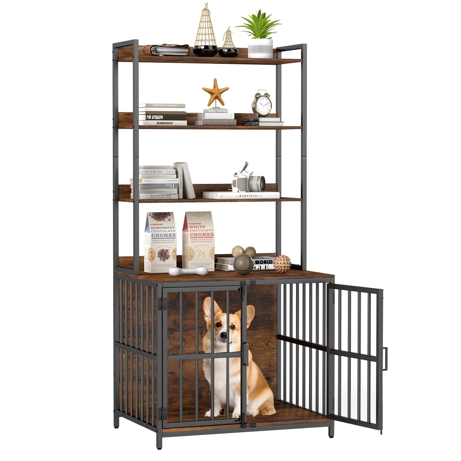 GYMAX Dog Crate Furniture with Storage Shelves