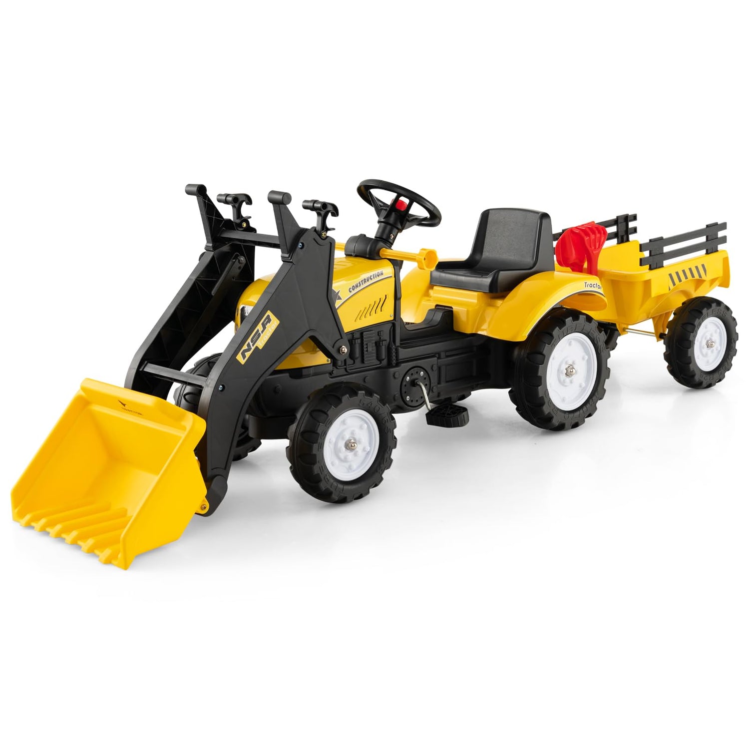 Kids Ride on Excavator, Pedal Go Kart with Manual Control Bucket, Detachable Cargo Trailer, Shovel, Rake
