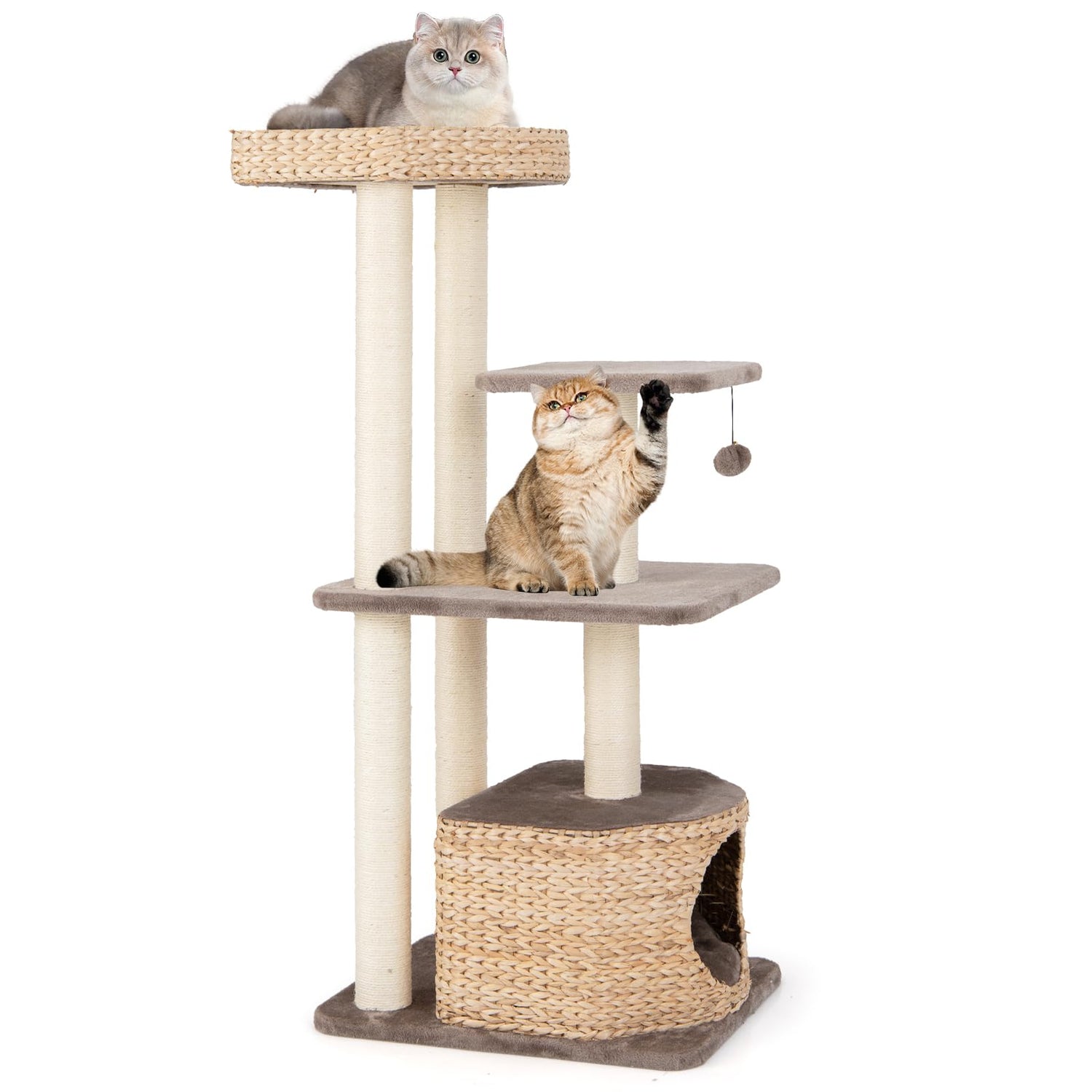 GYMAX Cat Tree, Modern Cat Tower with Sisal Scratching Posts, Perch, Dangling Ball, Hand-Made Wicker Cat Condo
