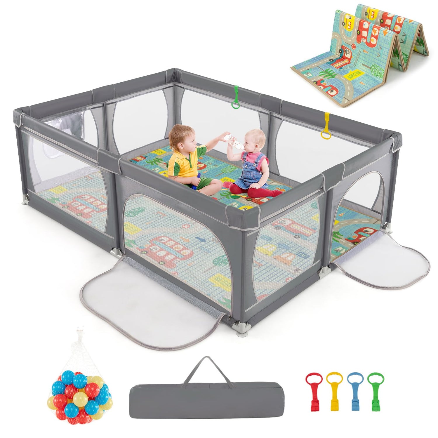 GYMAX 206 x 147cm Toddler Fence Play Yard with 50 Ocean Balls