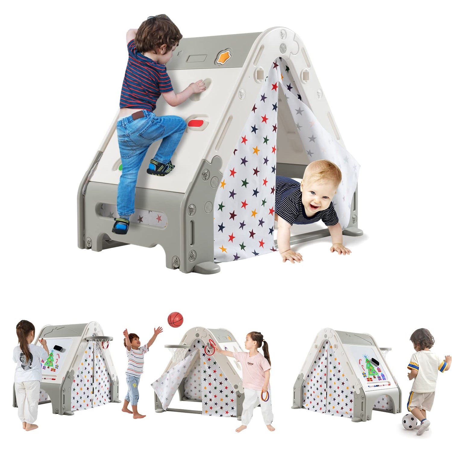GYMAX Kids Playhouse, 6 in 1 Play Tent with Climbing Wall