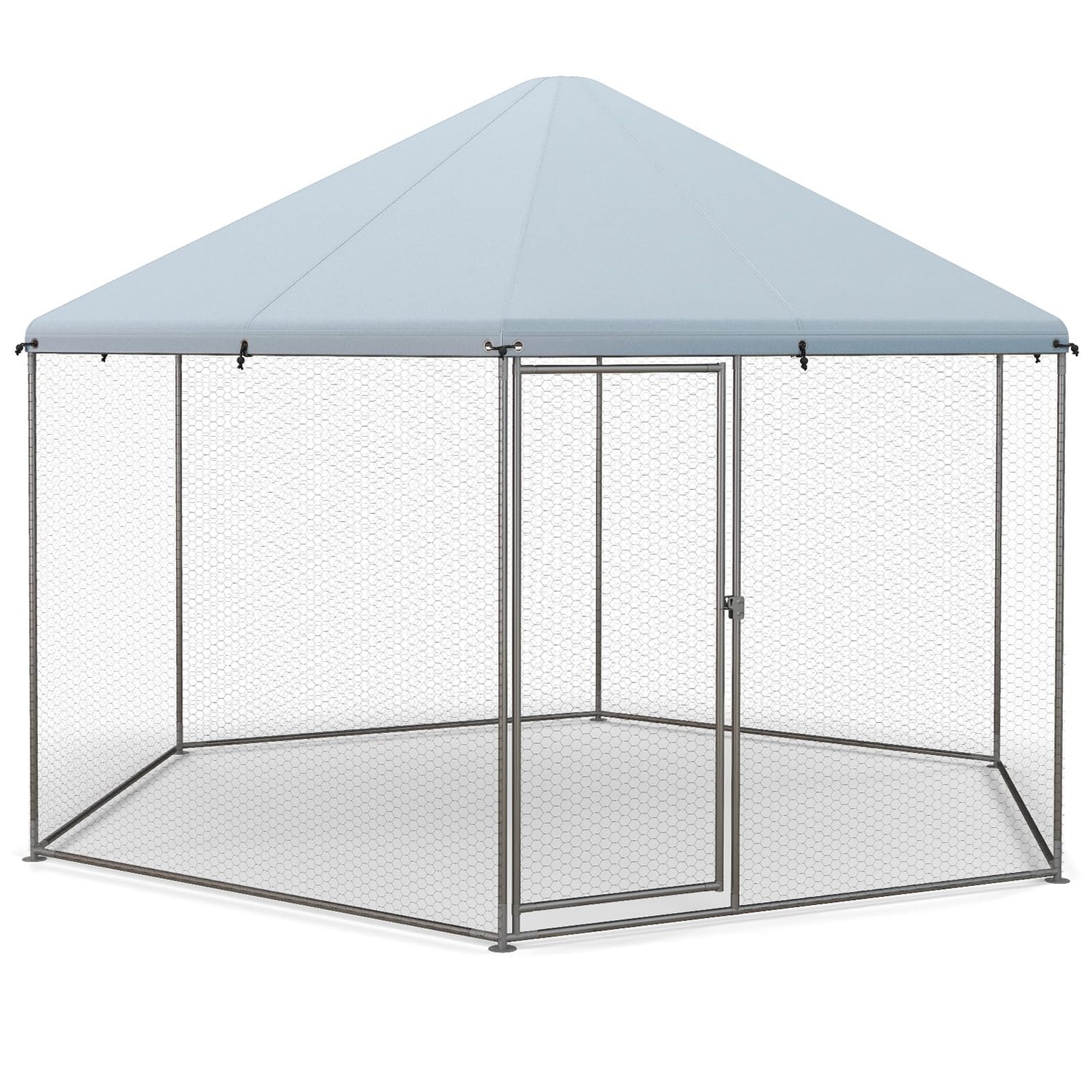 GYMAX Walk In Chicken Coop, Hexagon-Shaped Hen Poultry House with Waterproof and Sun Protection Cover (Hexagon-Shaped, 280 x 244 x 250cm)