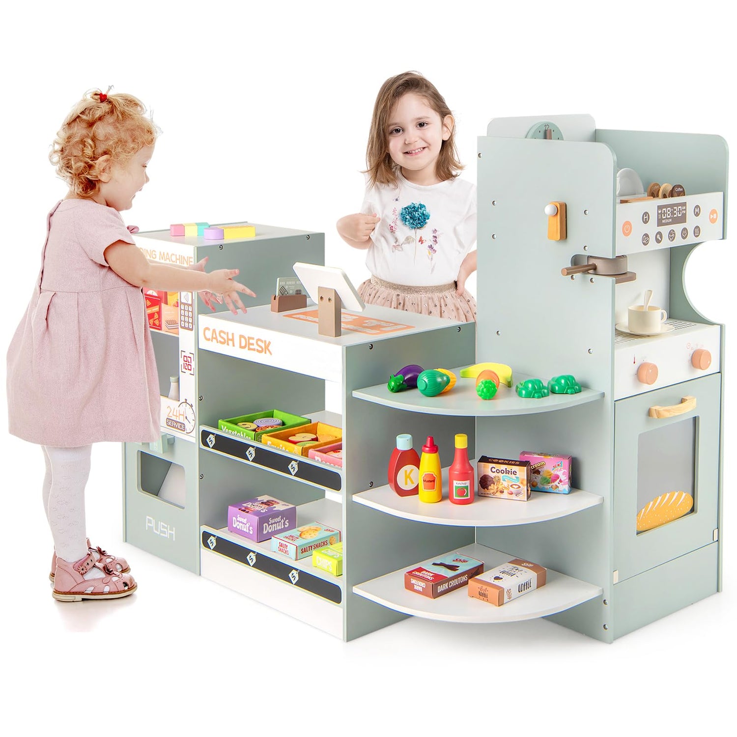Kids Grocery Store Wooden Pretend Play Shop with Coffee Maker