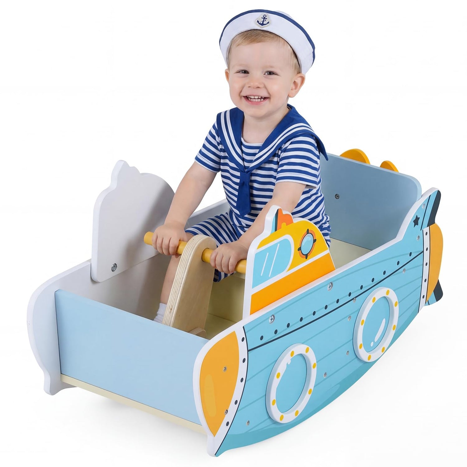 Kids Rocking Boat, Submarine-Themed Wooden Rocking Ship Toy with Rotating Propeller