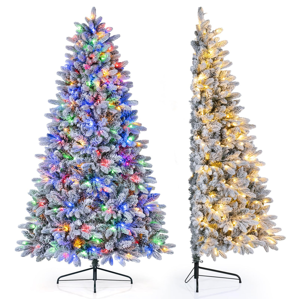 GYMAX 6 FT Half Artificial Christmas Tree, Snow-Flocked Hinged Xmas Tree