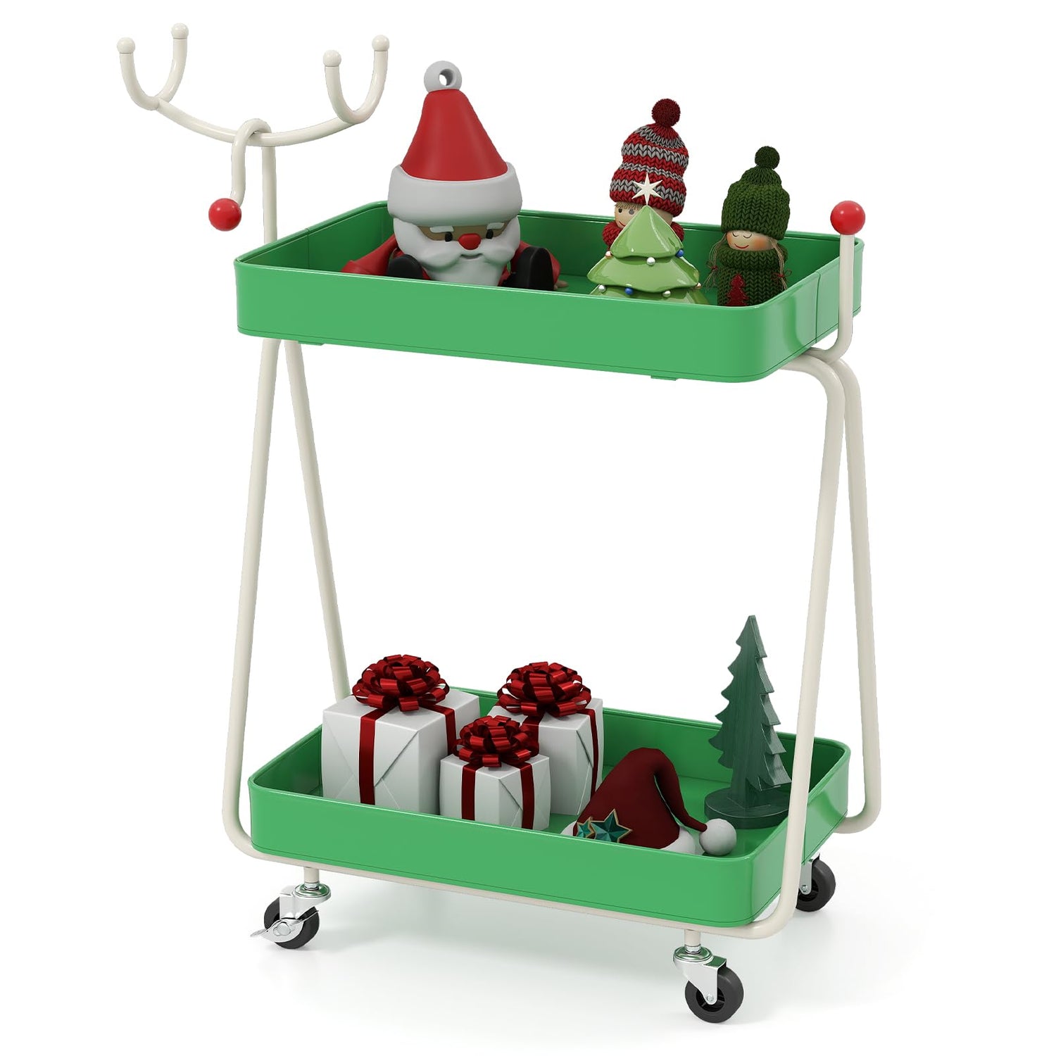 Reindeer Side Table 2-Tier Christmas Rolling Cart with Metal Frame and Wheels
