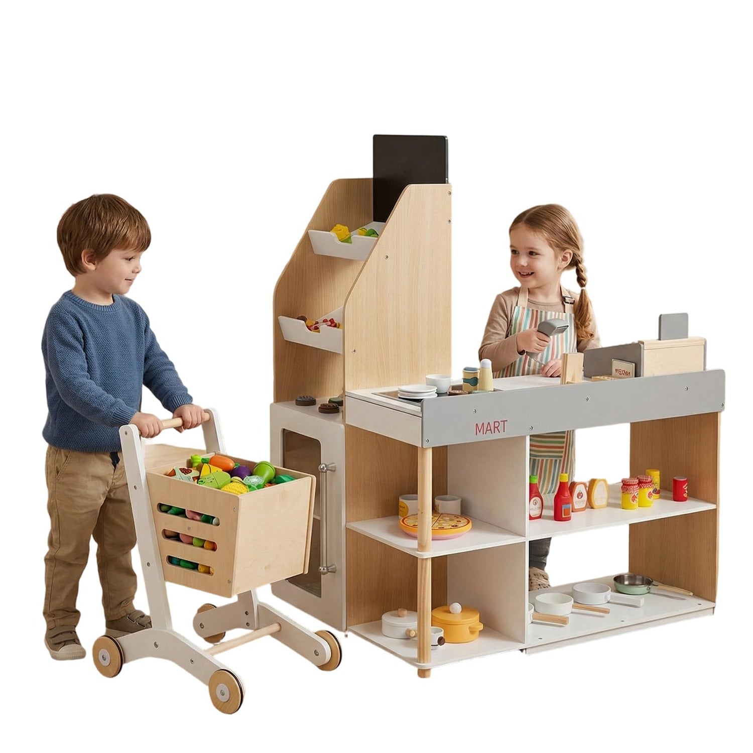 Kids Grocery Store Playset Wooden Pretend Play Supermarket with Shopping Cart