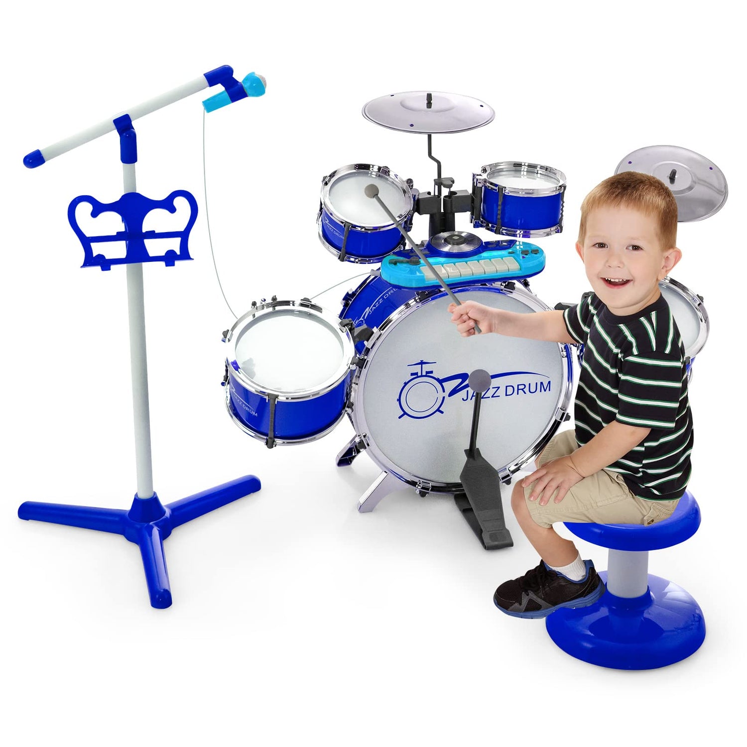 GYMAX Kids Keyboard and Drum Set Jazz Drum Kit with Stool