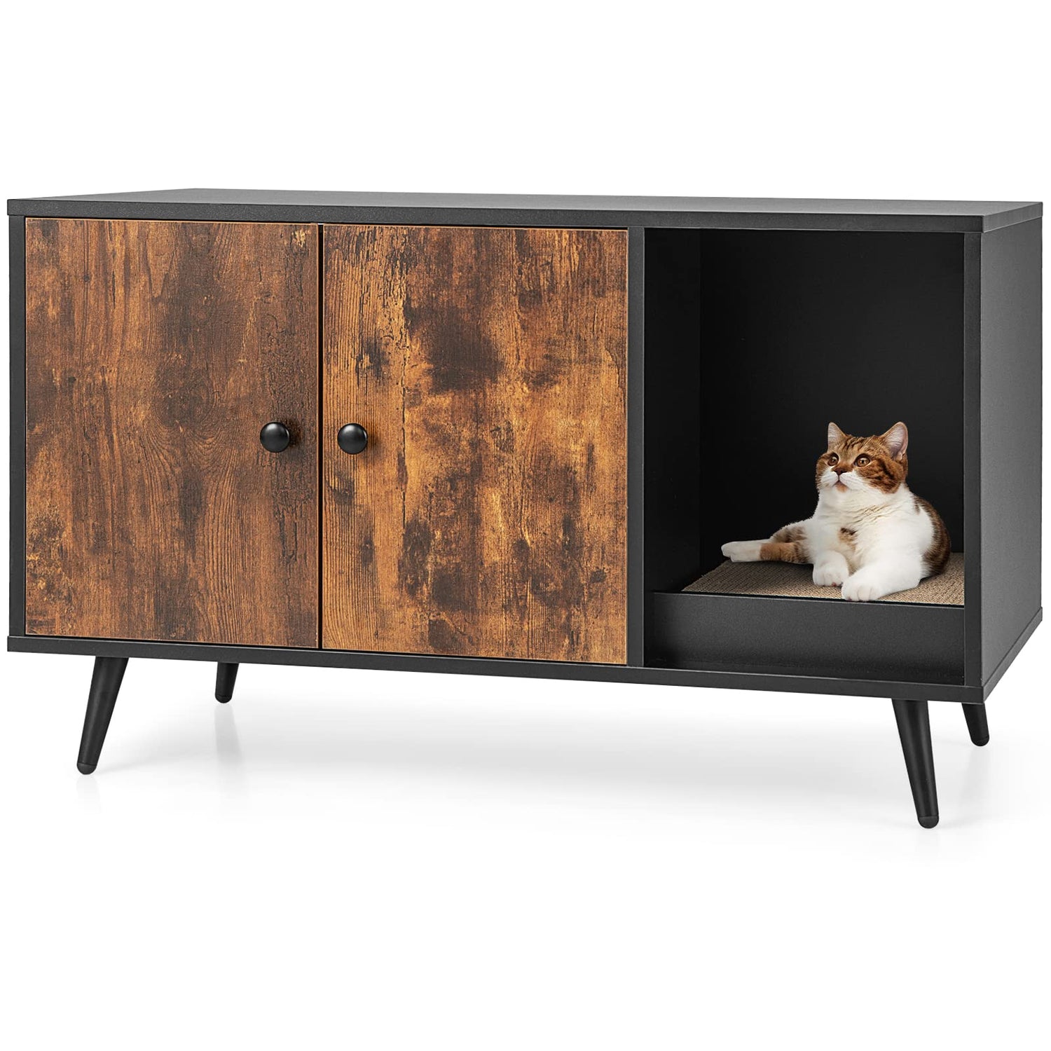 GYMAX Cat Litter Box Enclosure, Hidden Kitty Washroom Storage Cabinet Nightstand Side Table with 2 Doors & Divider(Rustic Brown, 90x50x54cm)