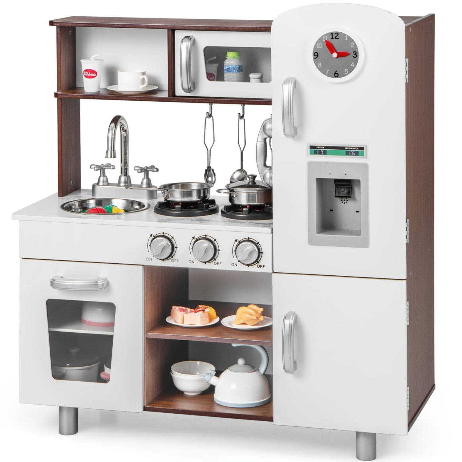 GYMAX Wooden Play Kitchen - Kids Toy Kitchen with Microwave, Fridge, Water Dispenser, Telephone, Oven, Cookware