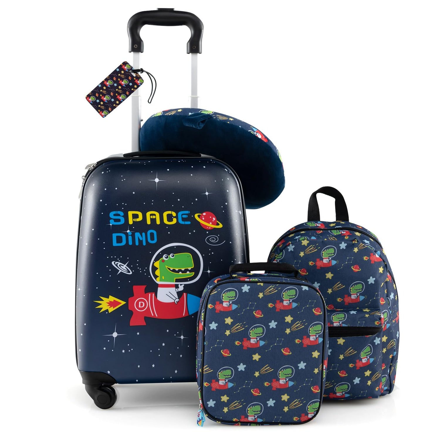GYMAX 5Pcs Kids Luggage Set, 13" Backpack & 16" Children Hardshell Suitcase with Wheels