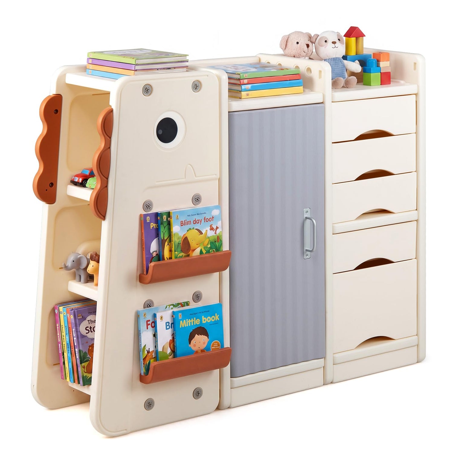 Kids Toy Storage Organizer, Wooden Dinosaur Toy Chest with 5 Removable Bins
