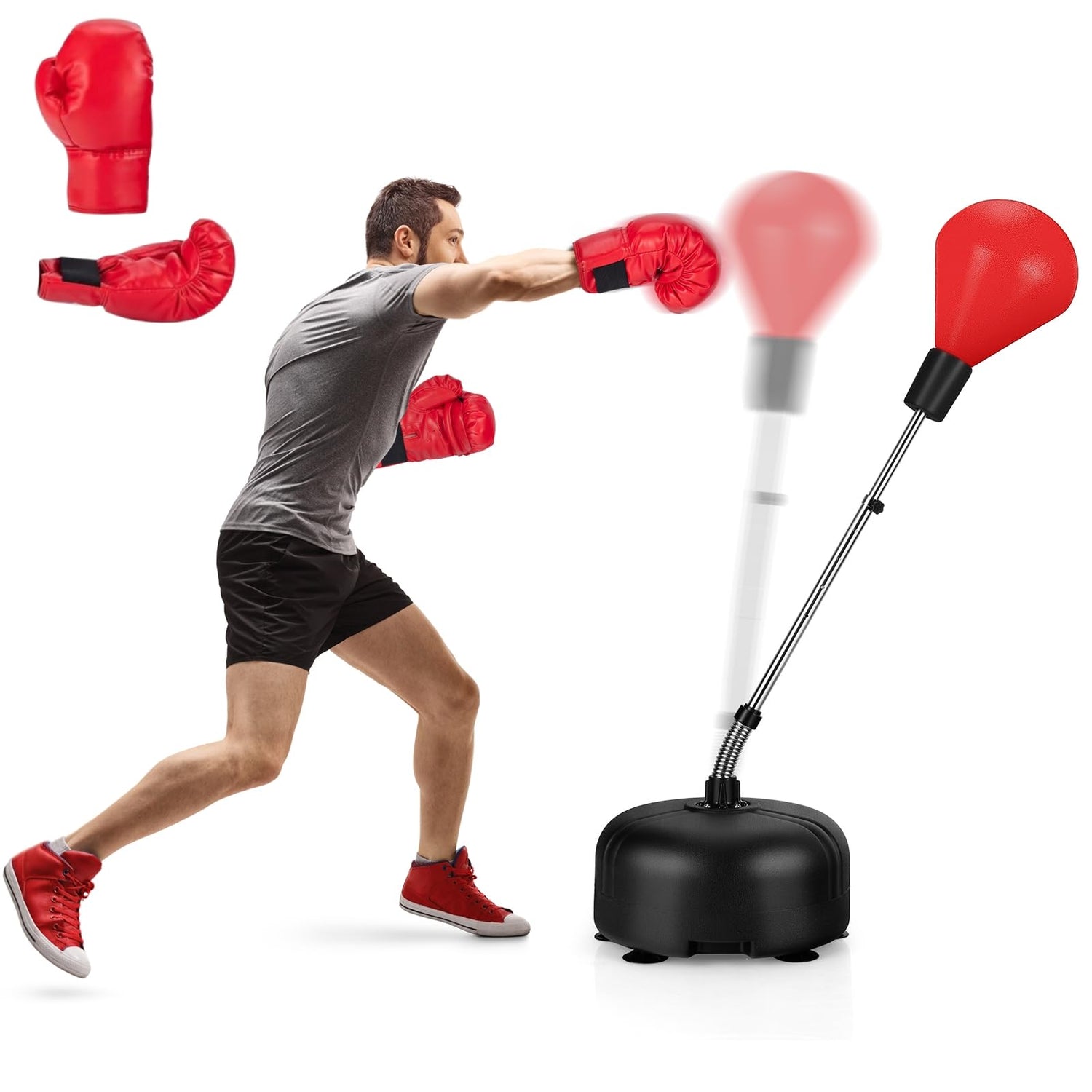 GYMAX Punching Ball with Adjustable Height Stand, Freestanding Boxing Ball with Boxing Gloves