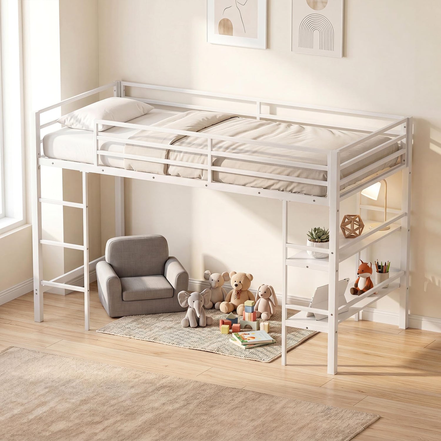Kids Loft Bed, Metal Single Size Low Loft Bed with Under-Bed Space, Storage Shelves