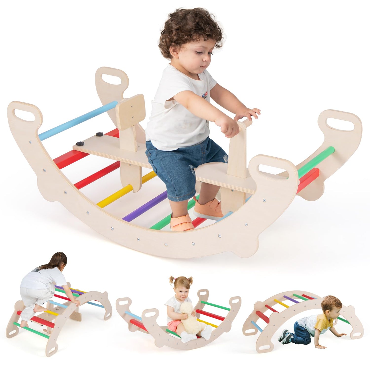 GYMAX 4 in 1 Kids Climbing Set, Toddler Rocking Horse with Backrest & 35° Rocking Motion
