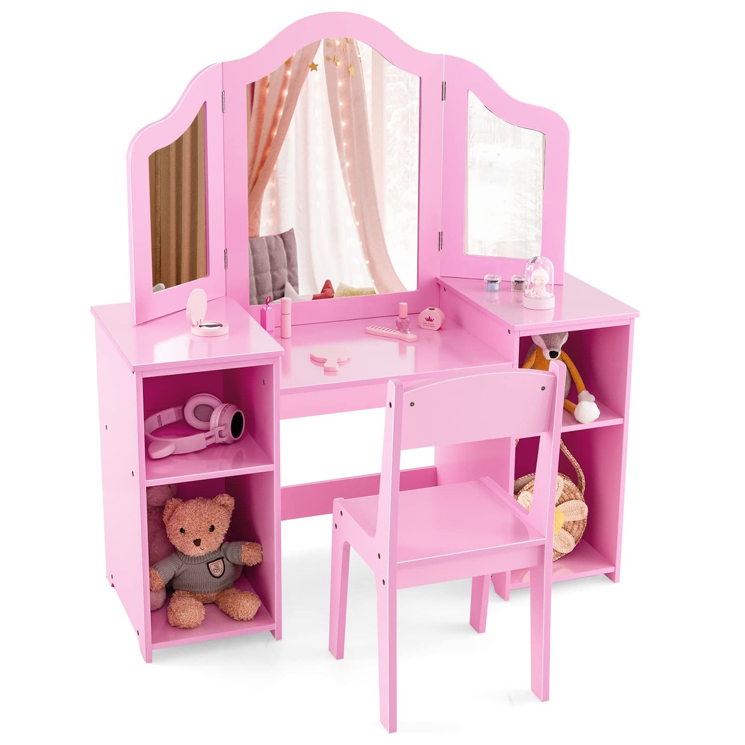 GYMAX Kids Dressing Table and Chair Set, 2 in 1 Children Vanity Table with Tri-Folding Mirror