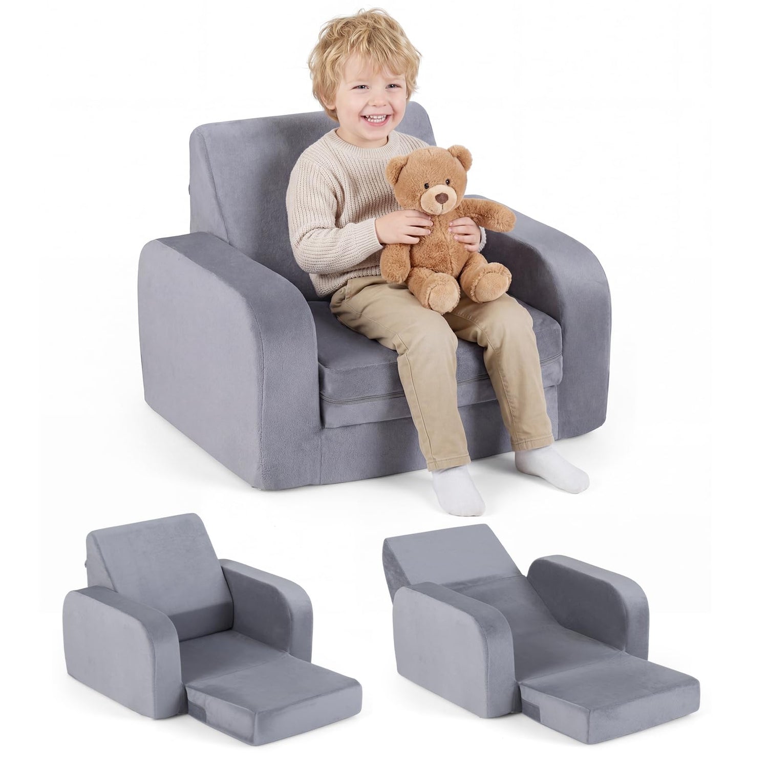 Children's Armchair, 3 in 1 Convertible Fold Out Kids Sofa Bed with Velvet Fabric