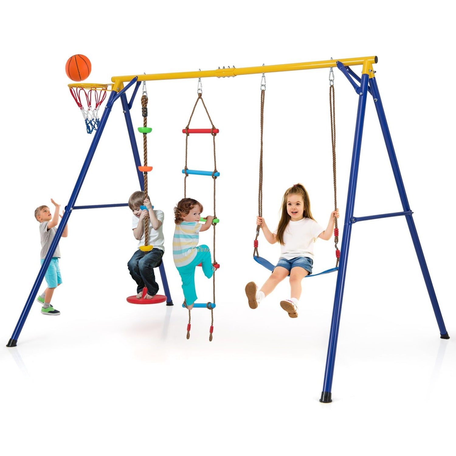 GYMAX 4 in 1 Metal A-Frame Kids Swing Set with Belt Swing