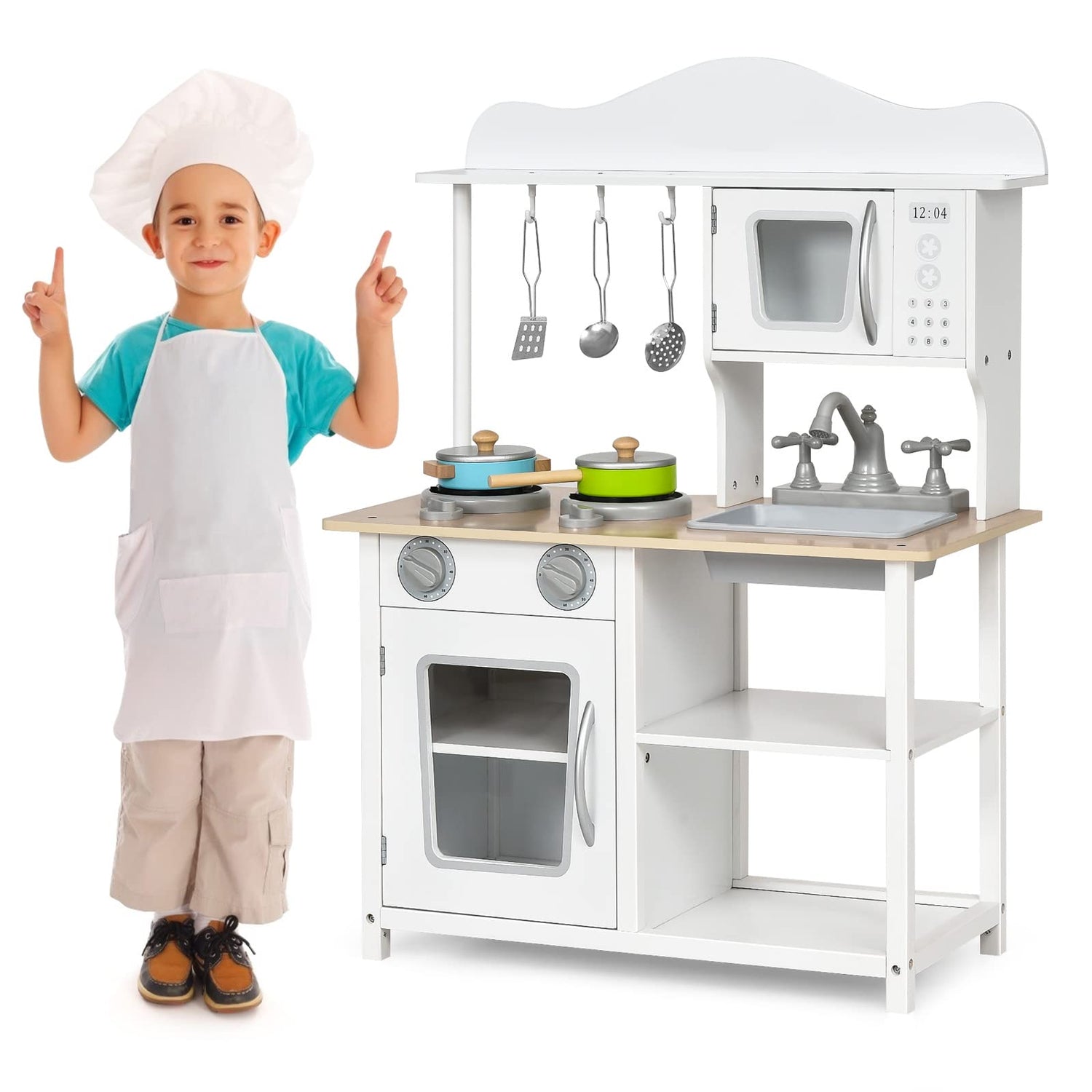 GYMAX Wooden Play Kitchen, Kids Kitchen Playset（60 x 30 x 83cm）