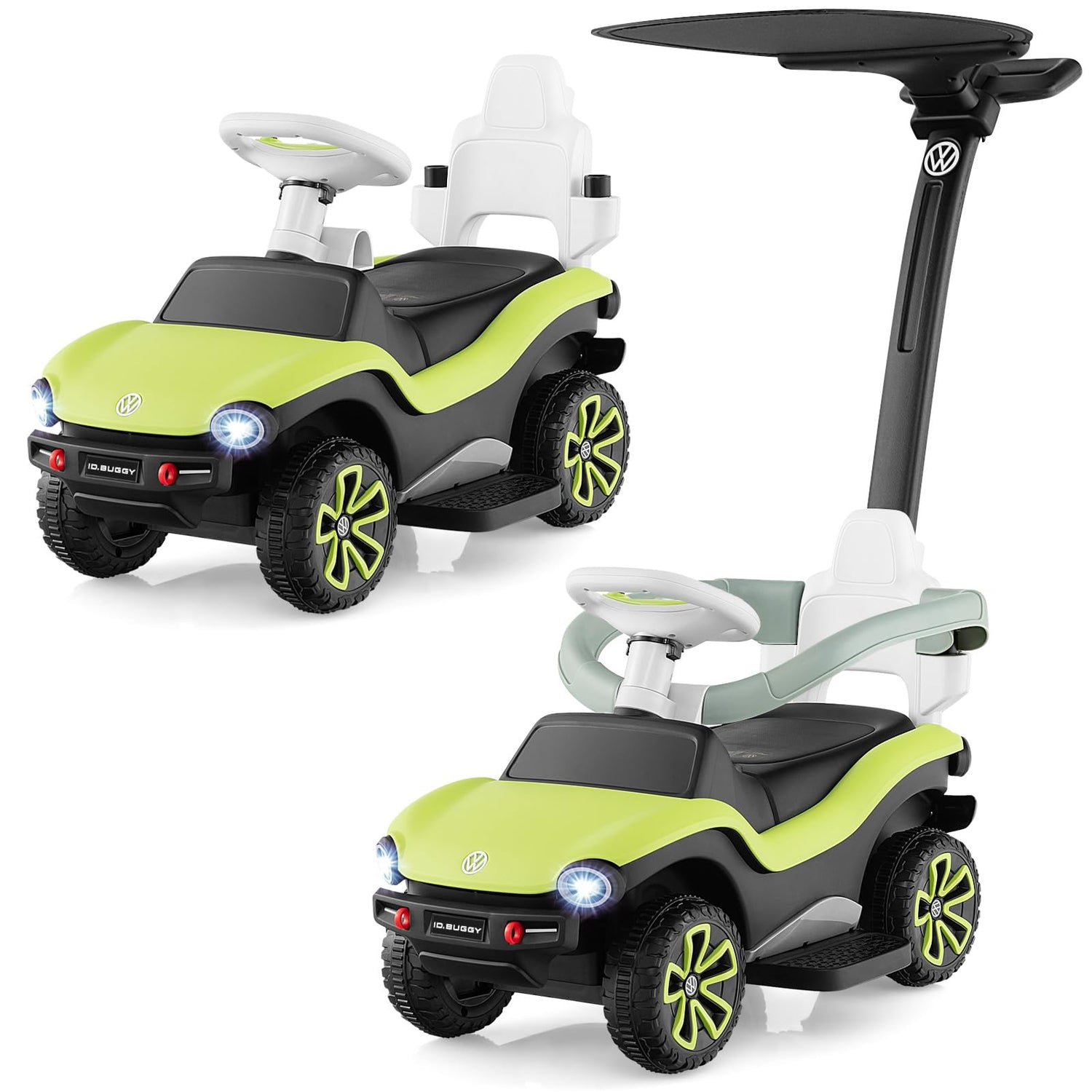 GYMAX 3 in 1 Kids Ride on Push Car, Licensed Volkswagen Push Along Car with Adjustable Handle, Guardrails, Canopy, MP3, USB, Horn & Music