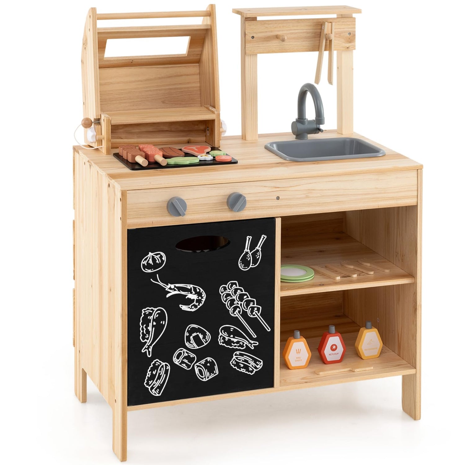 GYMAX Kids Barbecue Playset, Wooden Children Kitchen with Sink