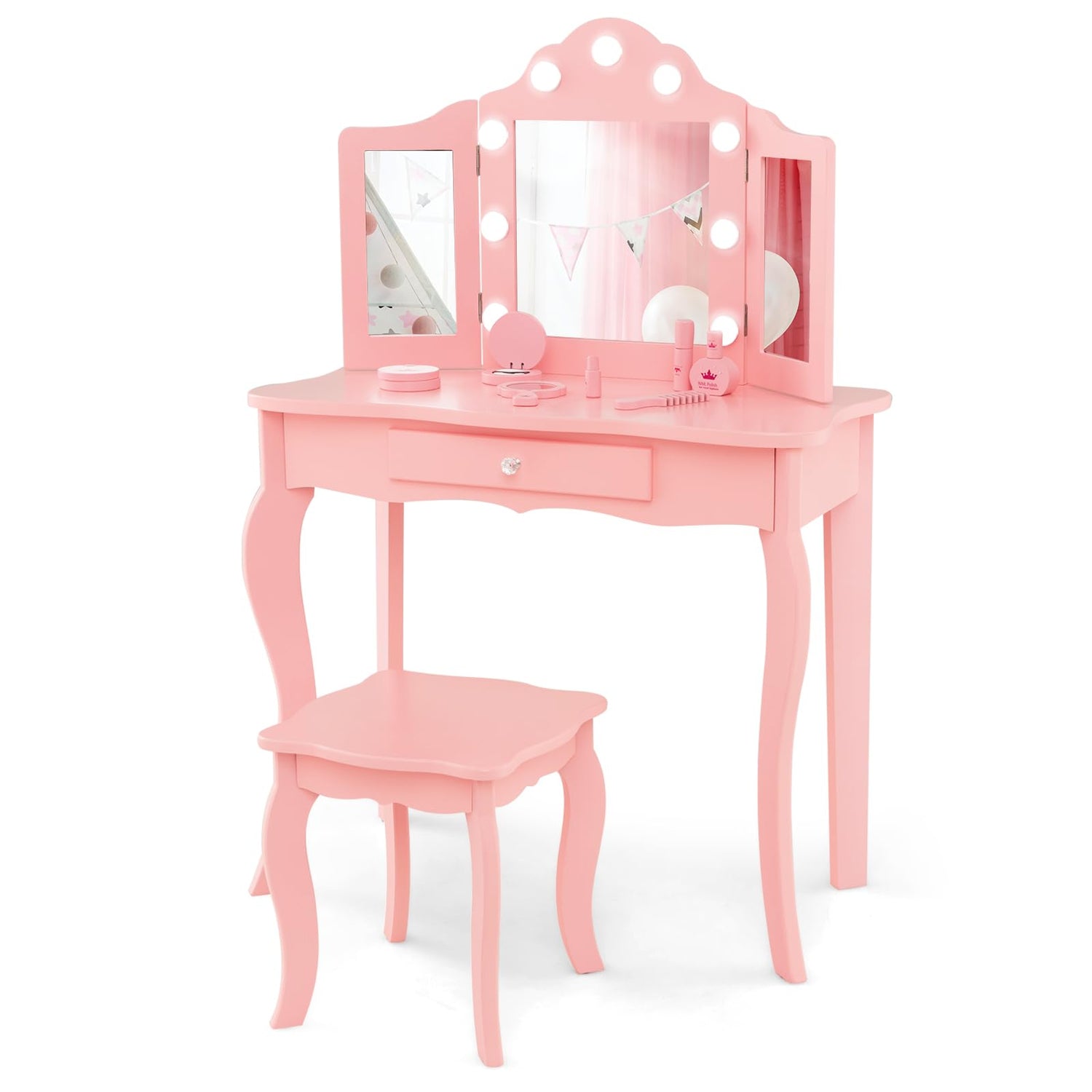 GYMAX Kids Vanity Table and Stool Set, 2-in-1 Children Dressing Table