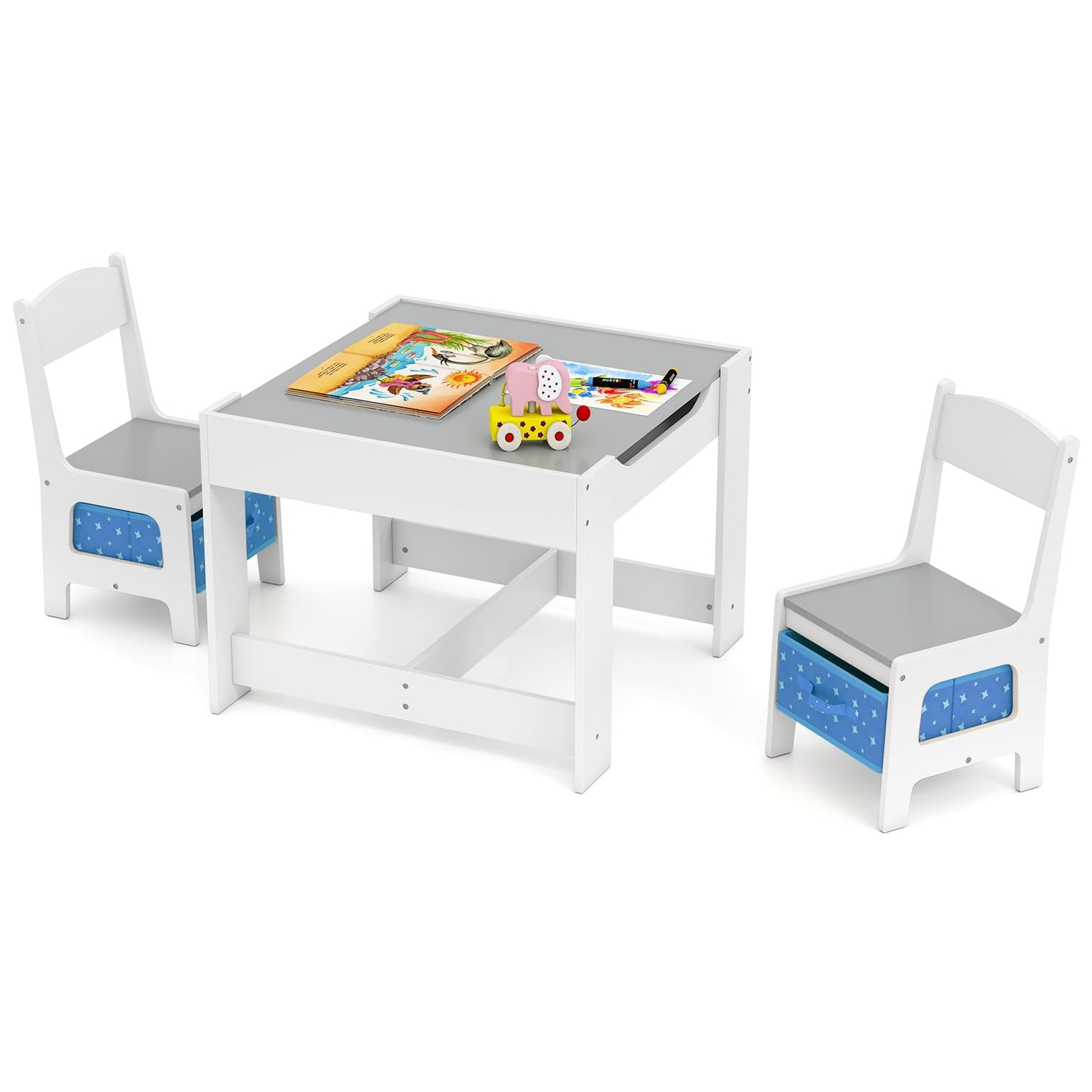 Kids Table Chair Set with Double Side Tabletop Table and Storage Box