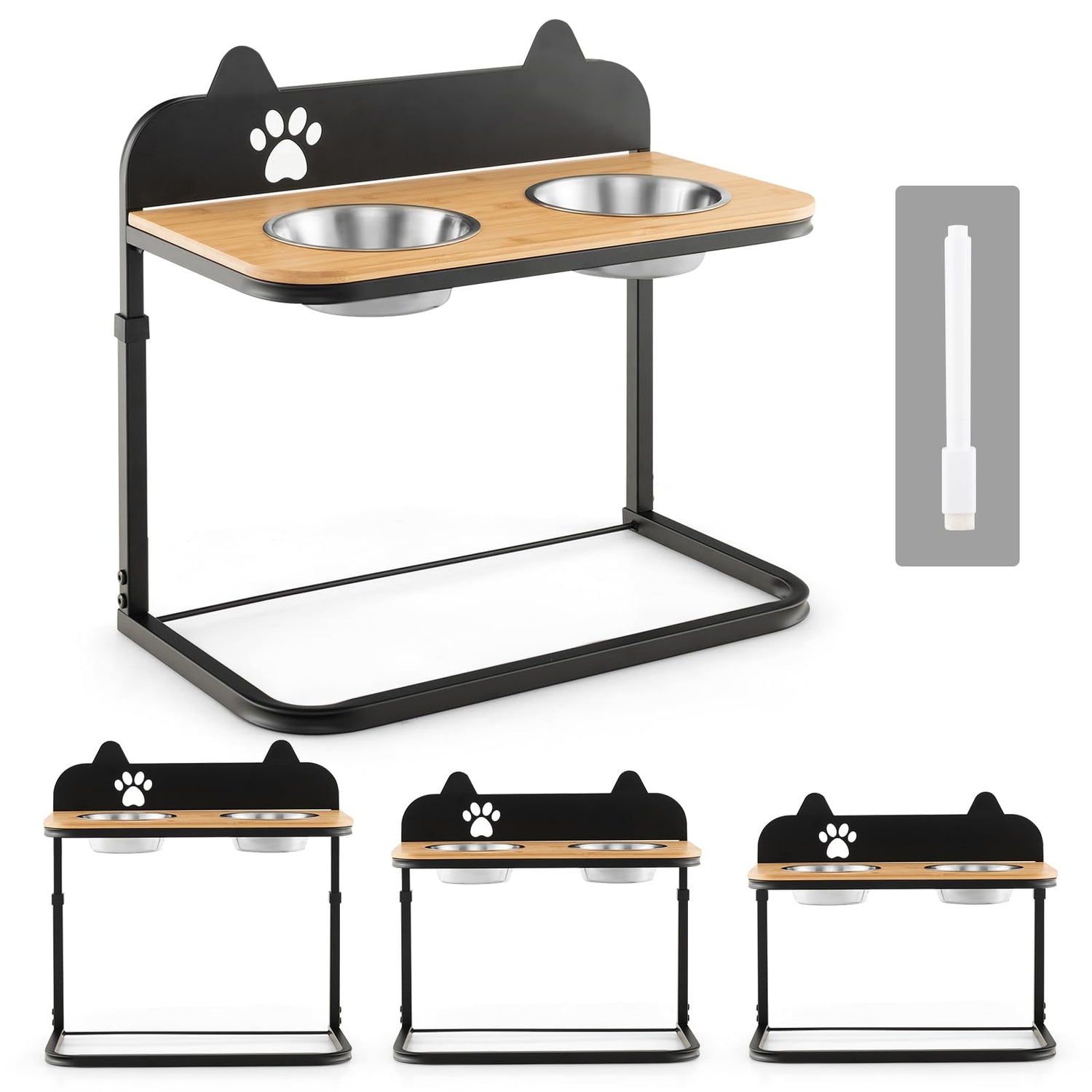 GYMAX Raised Pet Bowl, 3 Height-Adjustable Cat Dog Feeder with 2 Detachable Stainless Steel Bowls (53 x 30 x 44-53cm)