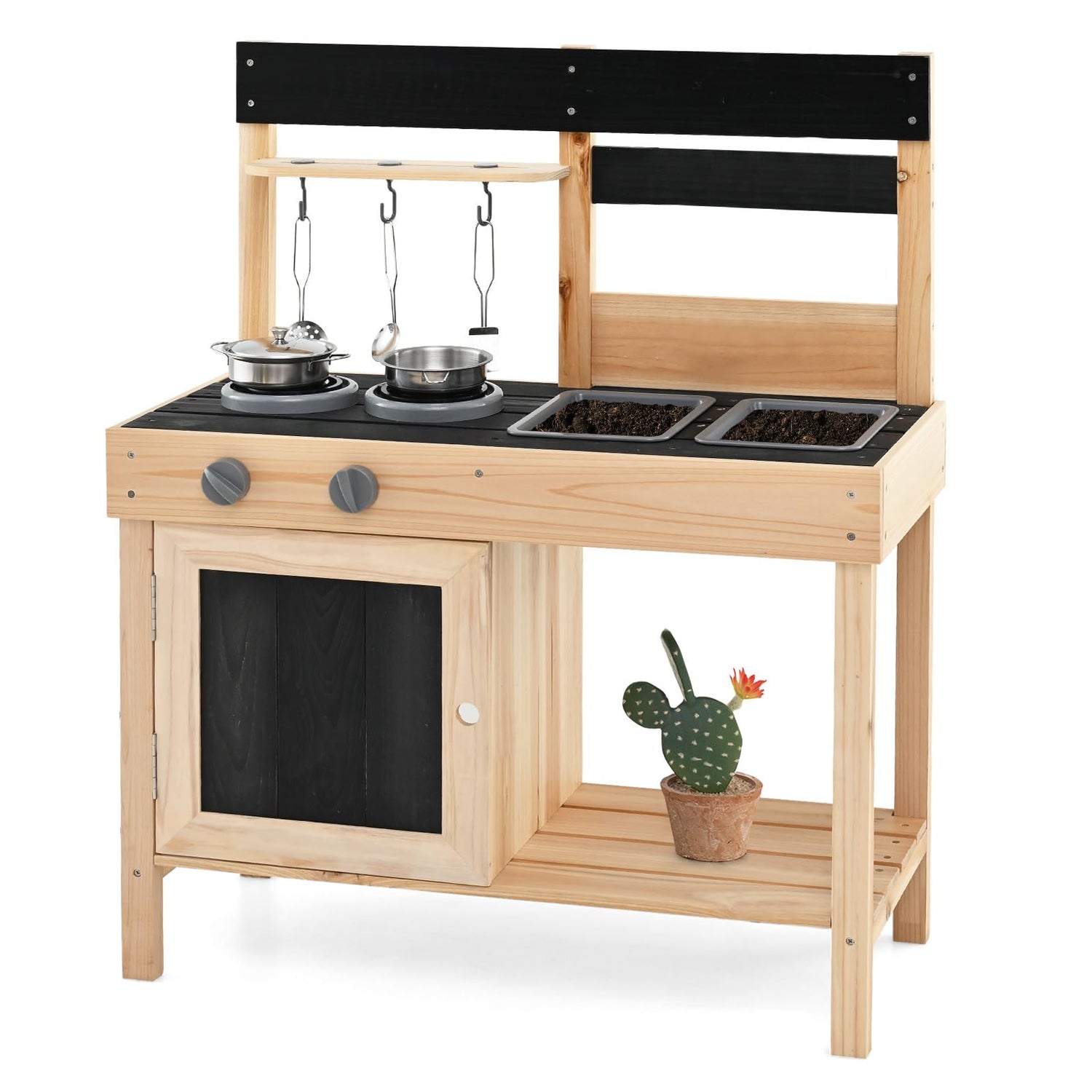 Mud Kitchen, Fir Wood Outdoor Play Kitchen with 2 Removable Sinks, Storage Shelves
