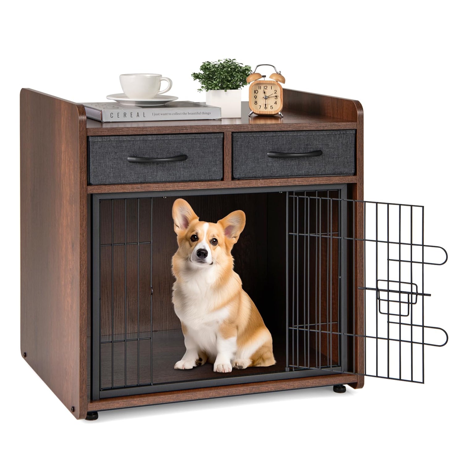 GYMAX Dog Crate Furniture, Wooden Dog Crate with Lockable Door, 2 Fabric Drawers and Adjustable Foot Pads