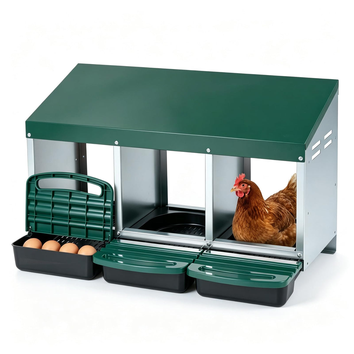 Roll Away Chicken Nesting Box, 3-Compartment Chicken Coop