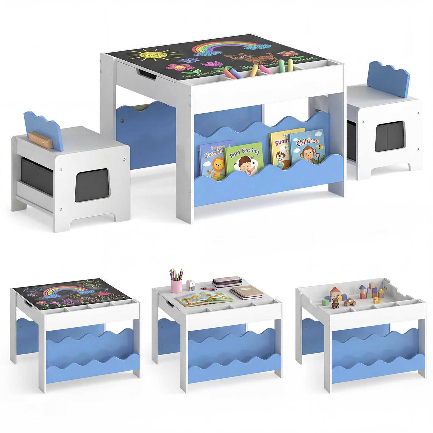Kids Table and Chairs, Multifunctional Activity Desk Set with Double-sided Tabletop
