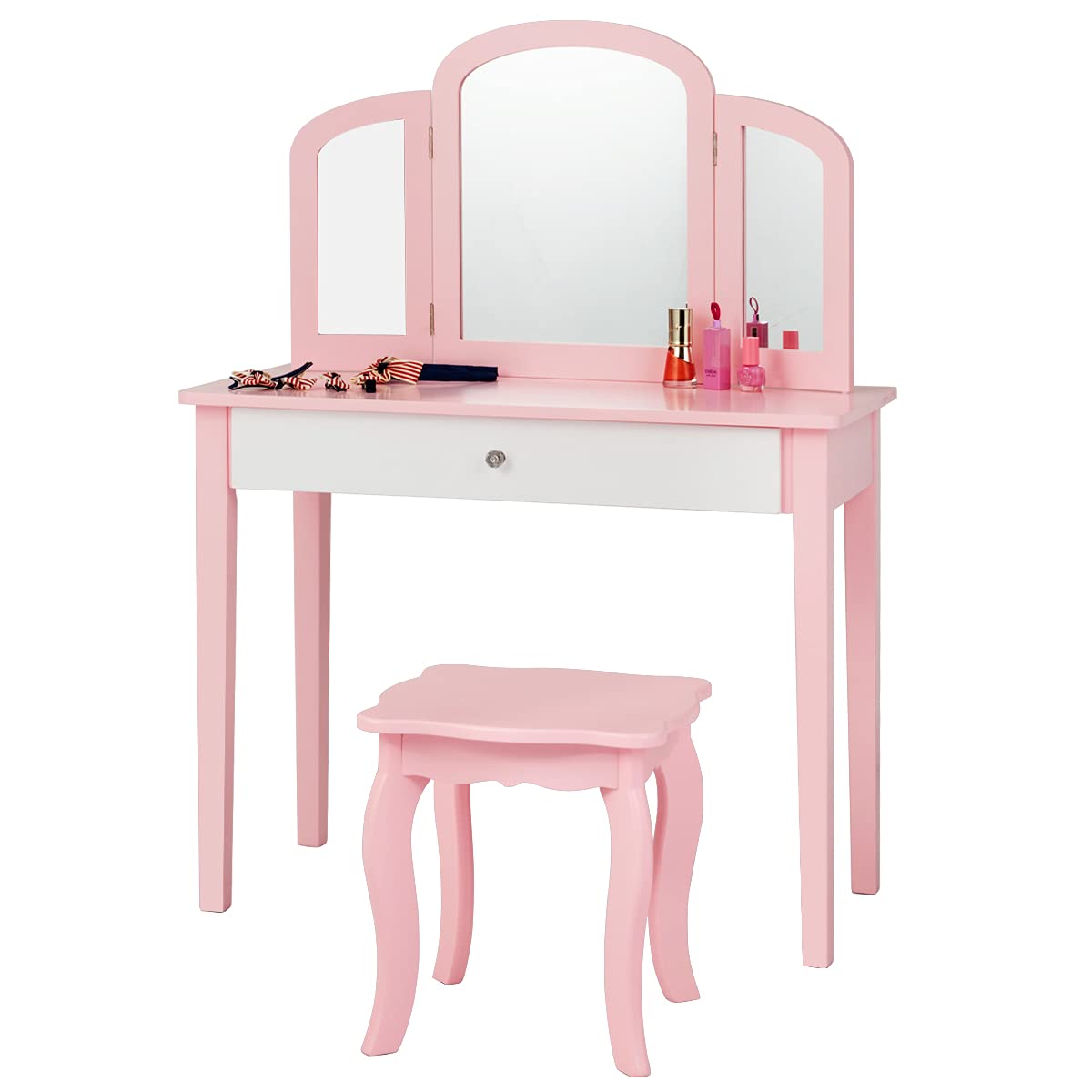 GYMAX Kids Vanity Table and Stool Set, Wooden Children Dressing Table
