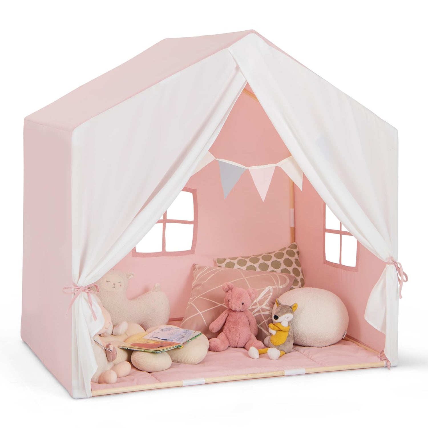 GYMAX Kids Tent, Large Play Tent with Washable Cotton Mat, Windows & Flag Banner