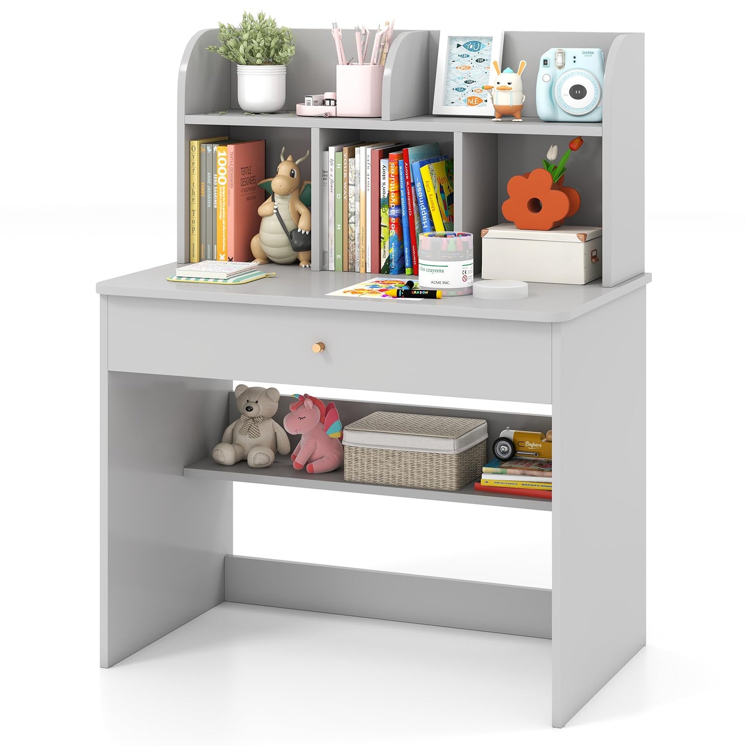Kids Wooden Study Desk with Drawer and Storage Shelf