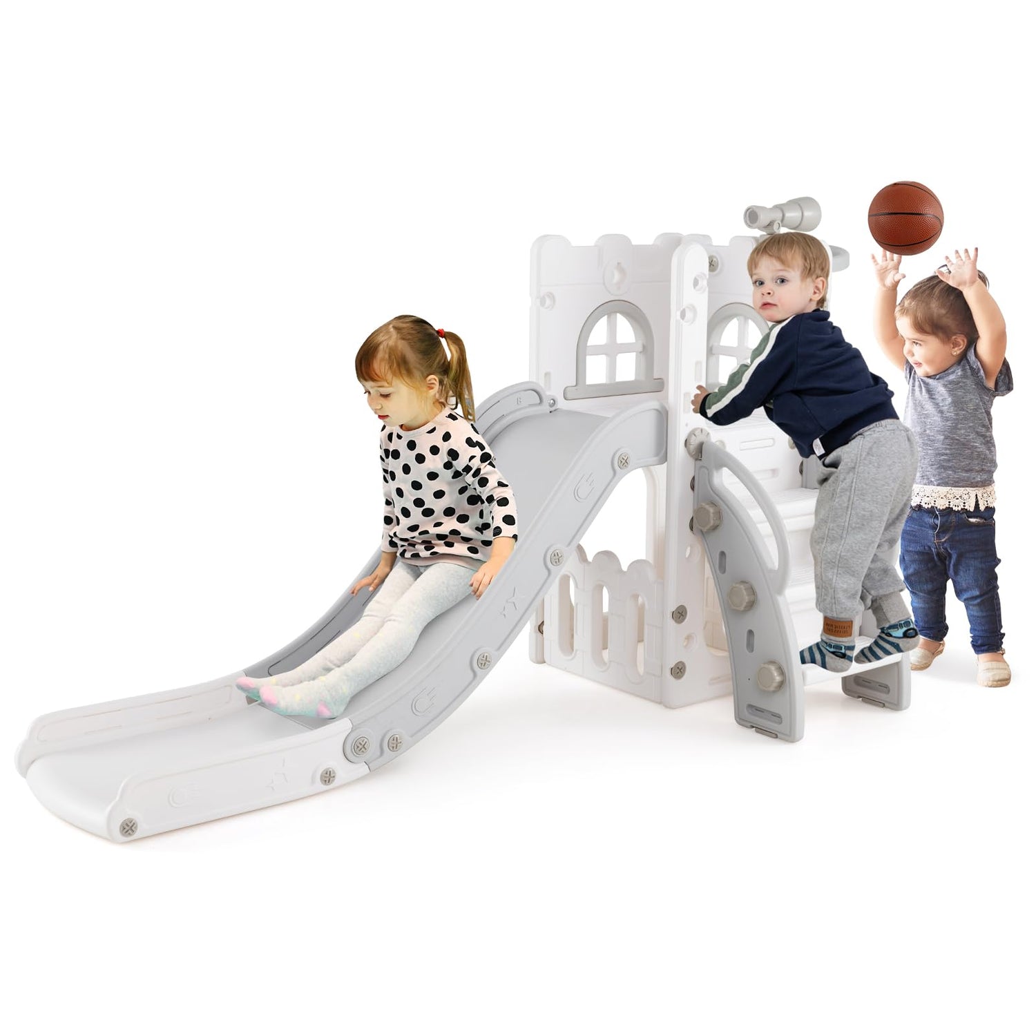 6 in 1 L-shaped Toddle Slide with Basketball Hoop and Telescope
