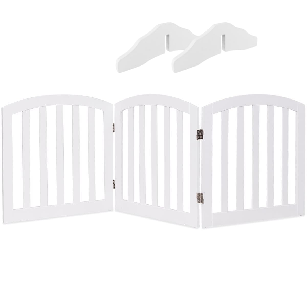 GYMAX Freestanding Dog Gate with Wooden Frame and Metal Hinges