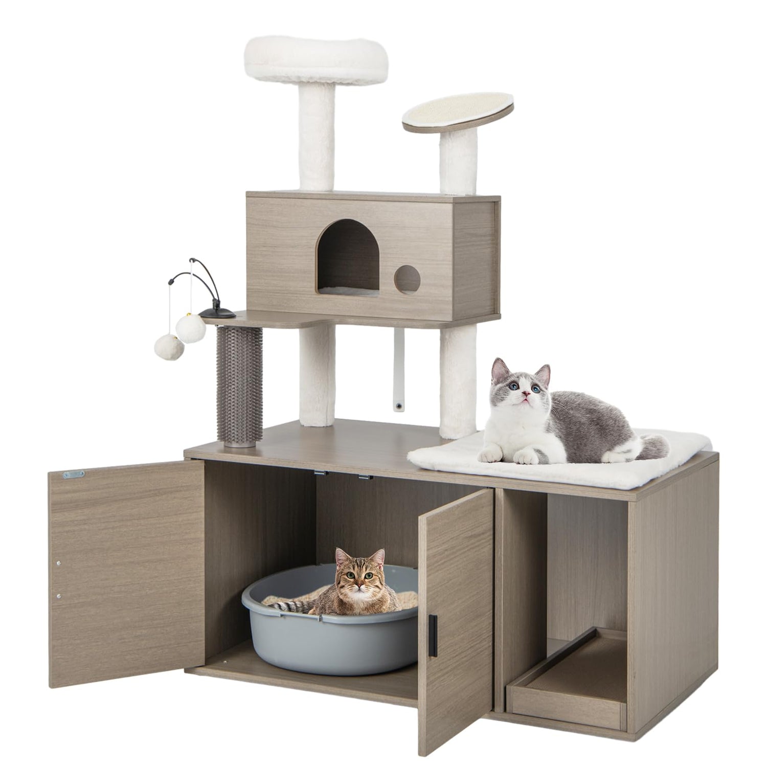 GYMAX Cat Tree with Litter Box Enclosure Wooden Cat House Furniture