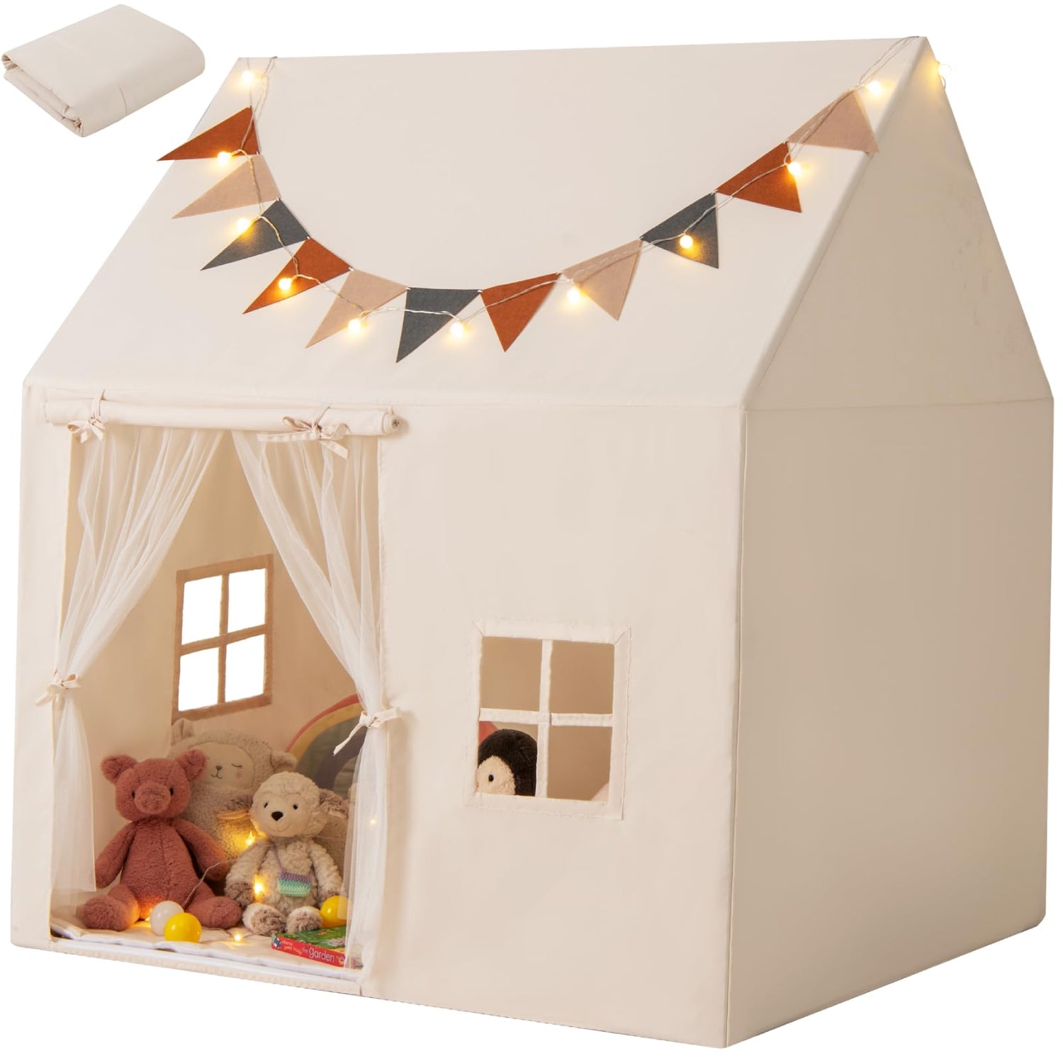 GYMAX Large Kids Tent, Play Tent with Padded Mat, Globe String Lights