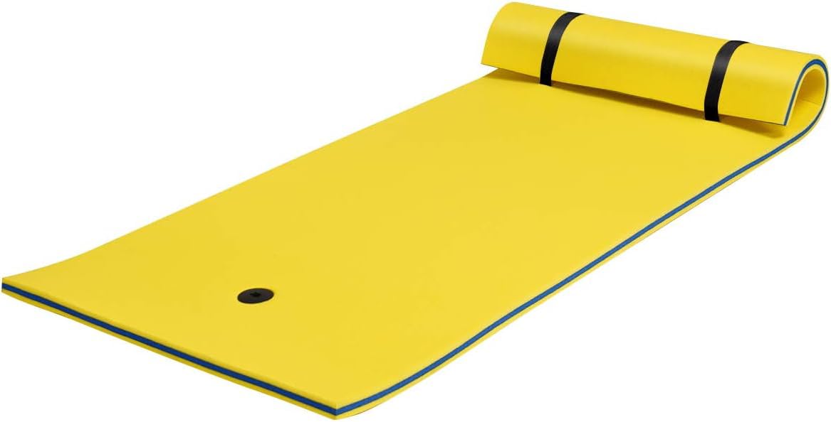 GYMAX Large Floating Water Pad, 3-Layer XPE Foam Floating Raft Mat with Rolling Pillow Design, 220 x 90 x 4 cm