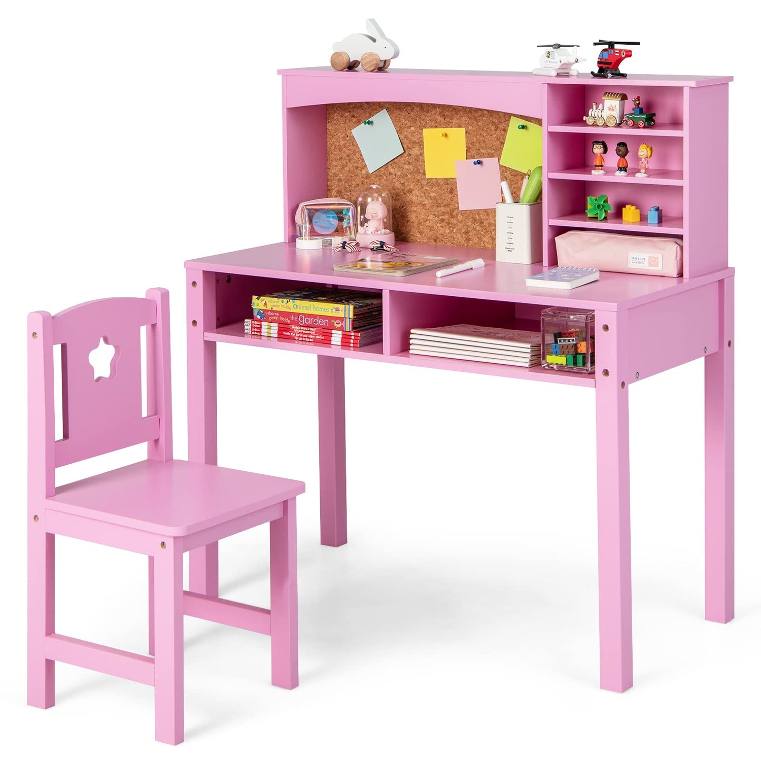 GYMAX Kids Desk and Chair Set, Wooden Children Study Table with Storage Space and Bulletin Board