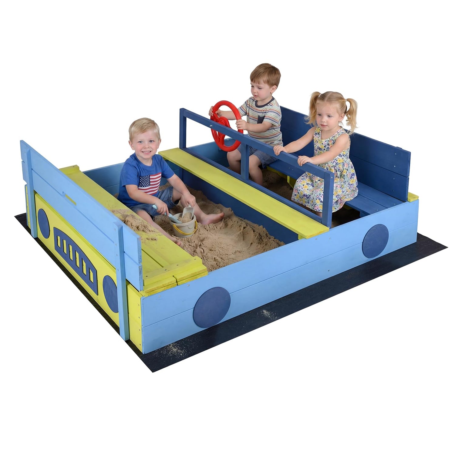 Kids Sandbox, 118 x 100cm Wooden Sand Pit with Bench Seats, Folding Lid, Sandpit Liner