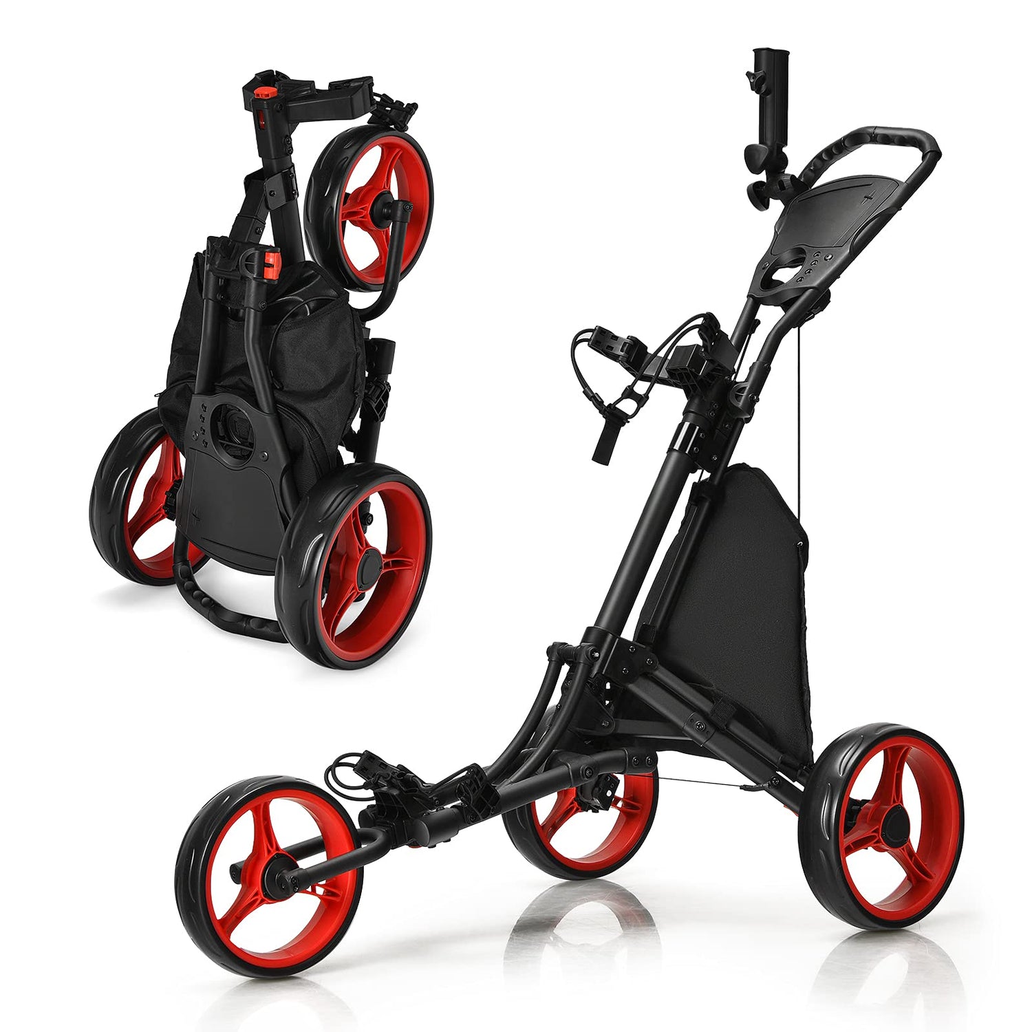 GYMAX 3 Wheels Golf Push Pull Cart, Lightweight Height Adjustable Golf Trolley with Storage Bag