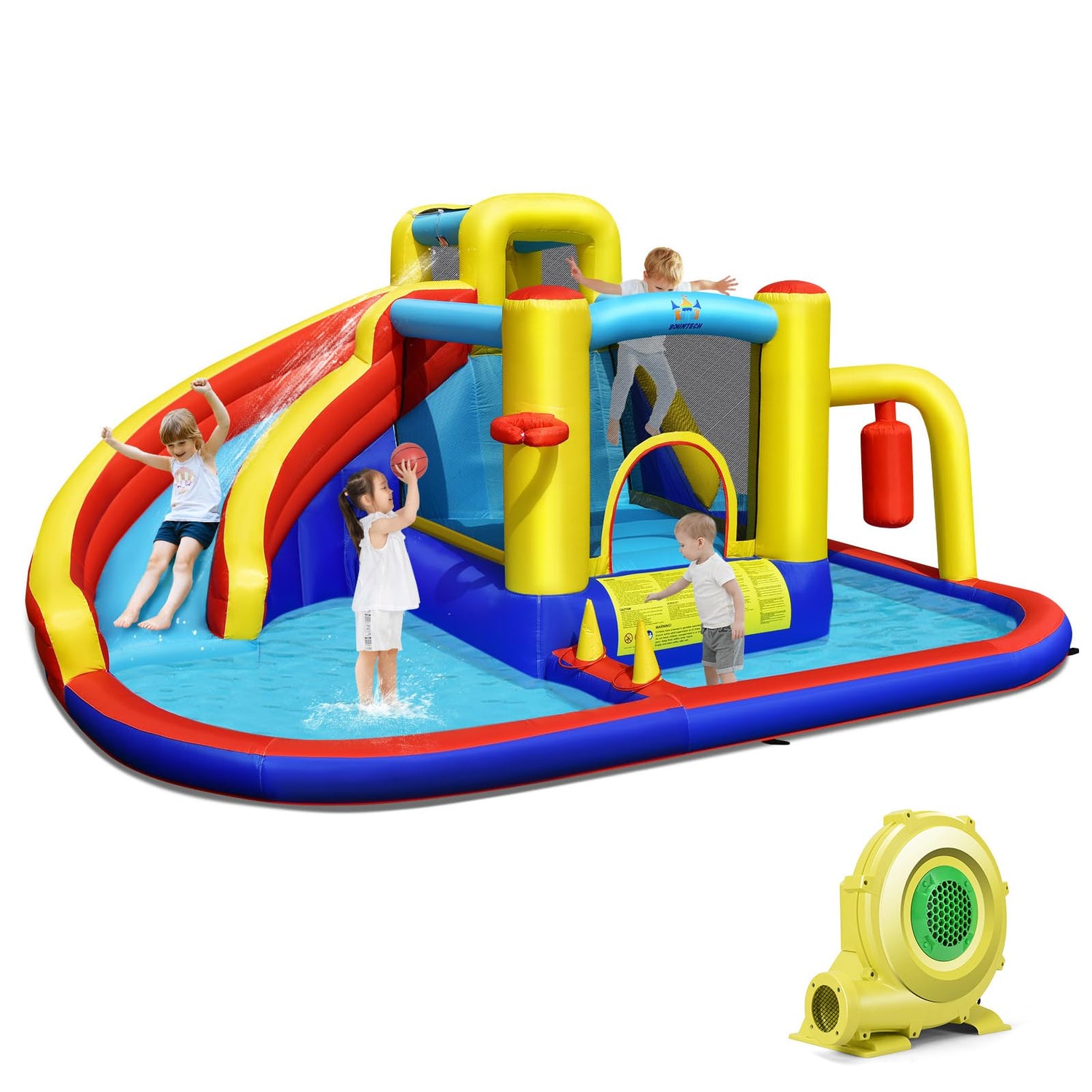 GYMAX 7 in 1 Kids Bouncy Castle with 680W Blower with Slide