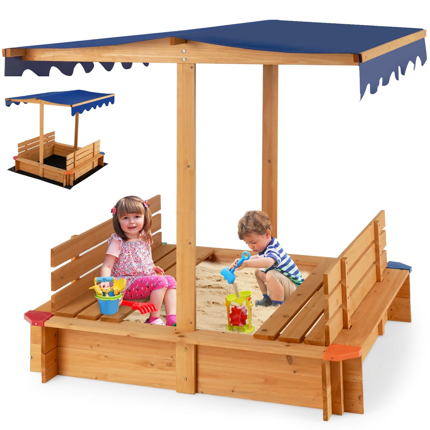 Outdoor Wooden Kids Sandbox with Canopy and Seat Benches