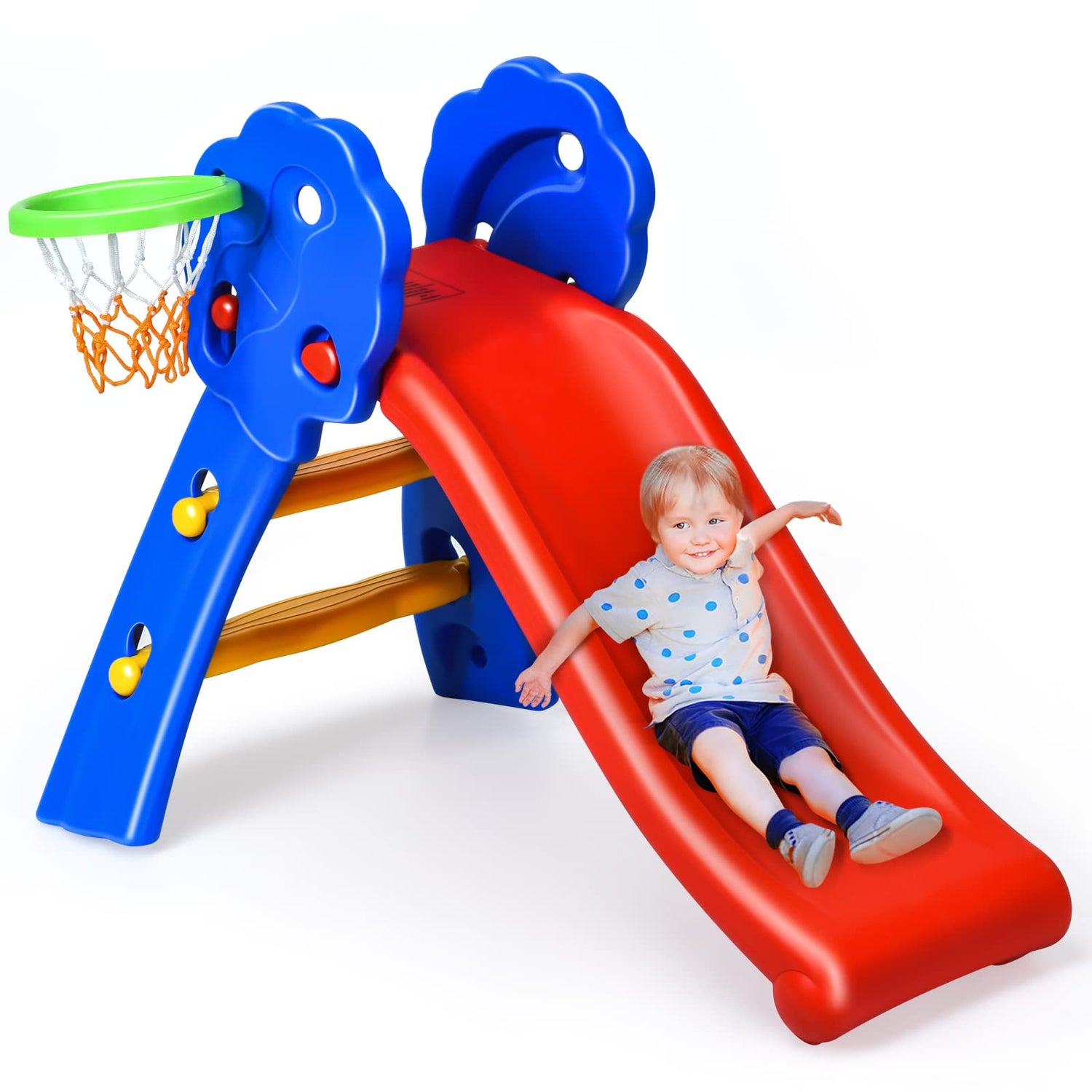 GYMAX Kids Folding Slide, Freestanding Plastic Toy with Climb Steps (Slide with Basketball Hoop)