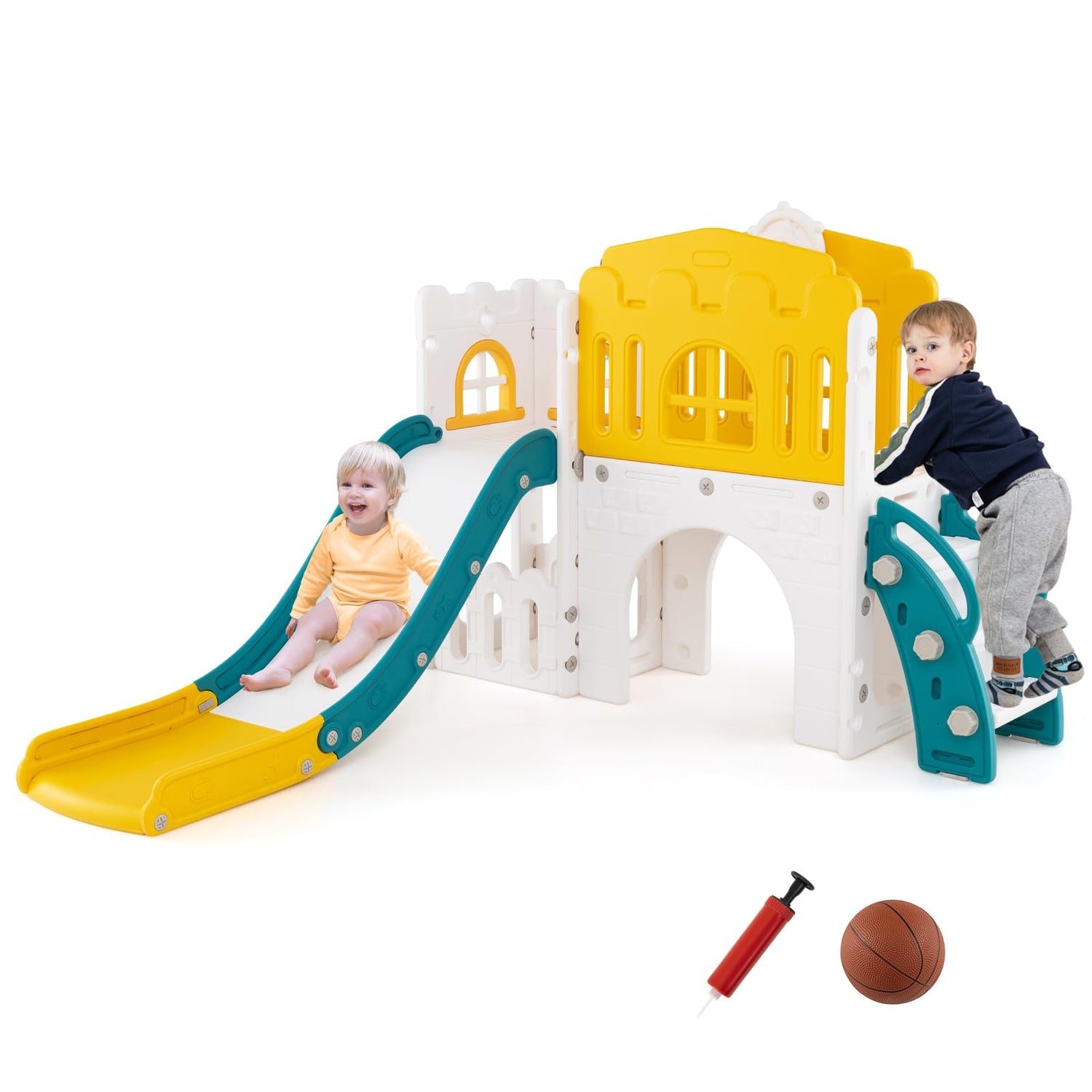 9 in 1 Toddler Slide L Shaped Kids Slide and Climber Playset with Basketball Hoop